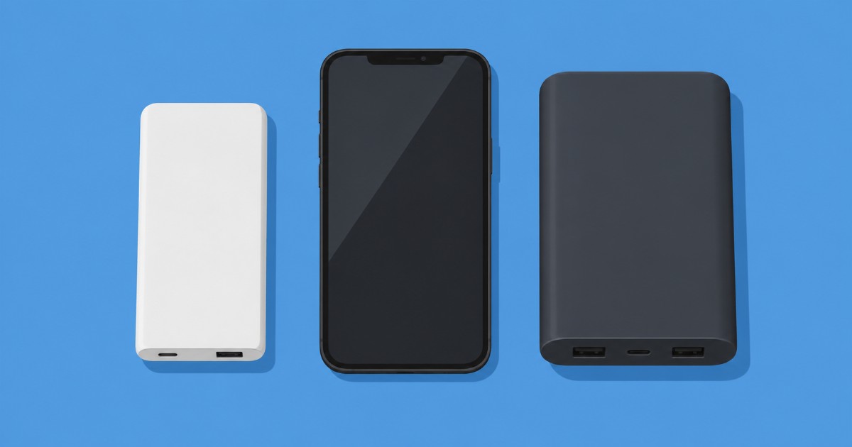 Dvě powerbanky různé tloušťky a smartphone mezi nimi pro srovnání velikosti