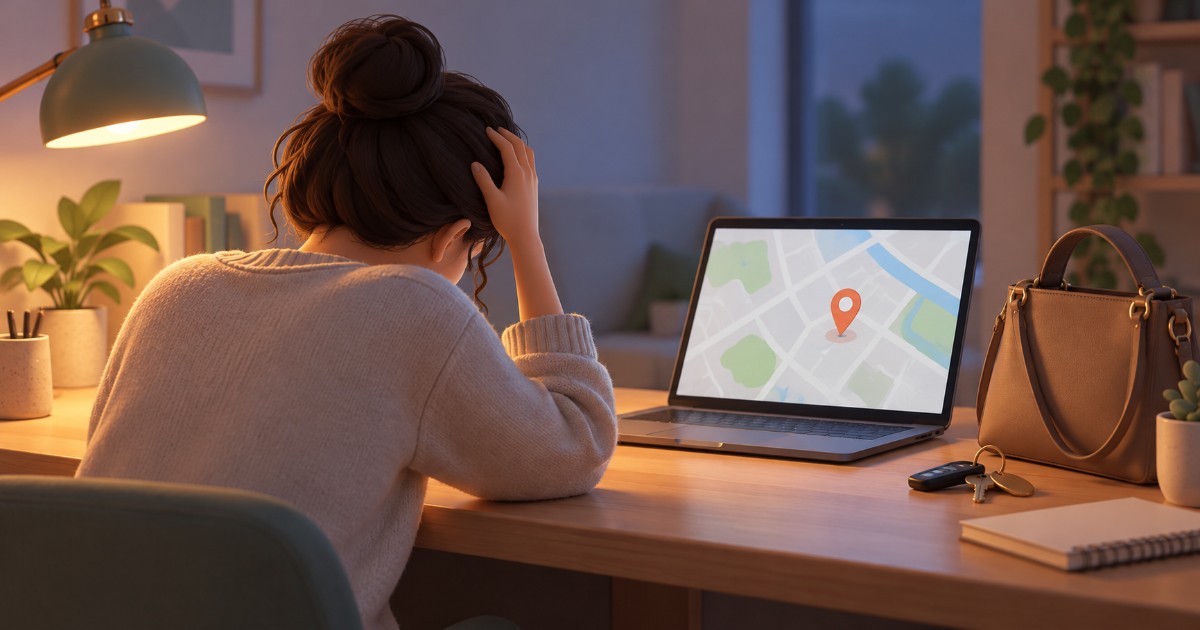 Člověk u stolu hledí na prázdné místo po telefonu vedle notebooku s mapou