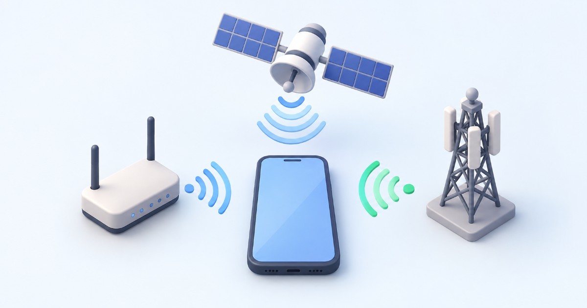 Telefon uprostřed se třemi zdroji signálu: družice, Wi-Fi router a věž operátora
